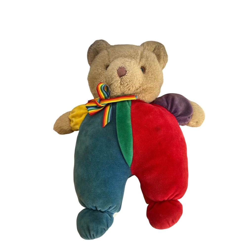 Vintage Color Block Teddy Bear Plush Rainbow Ribbon Primary Colors Velour 7.6oz - Picture 2 of 9
